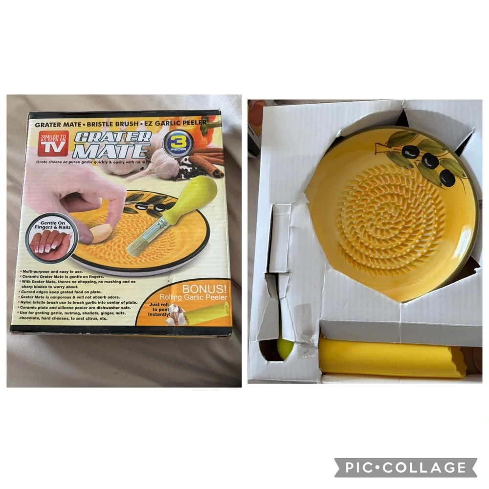 NEW As Seen On TV Yellow Olive Grater Mate Garlic/Cheese Peeler and Puree Set